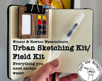 Urban Sketching/Field Kit/Mini Watercolour Painting Kit - Wooden Palette & Sketchbook - everything you need except water