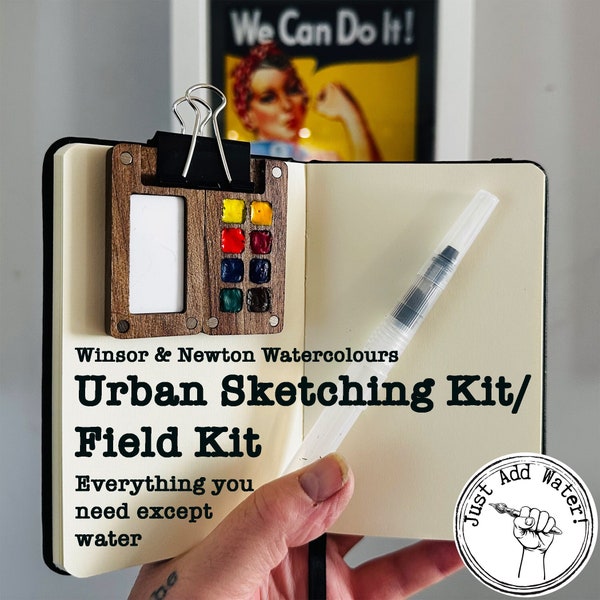 Urban Sketching/Field Kit/Mini Watercolour Painting Kit - Wooden Palette & Sketchbook - everything you need except water