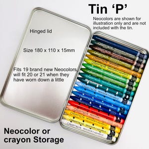 May include: A rectangular silver metal storage tin with a hinged lid, measuring 180 x 110 x 15mm. The tin is labelled Tin 'P' and is designed for Neocolor or crayon storage, with capacity for 19 to 21 crayons. The interior holds various coloured crayons.