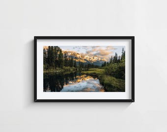 Mountain Reflection Print, Canadian Rockies Sunrise Lake Photo, Serene Nature Wall Art