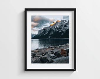 Canadian Rockies Sunset Print, Golden Hour Mountain Peak, Alpenglow Wall Art