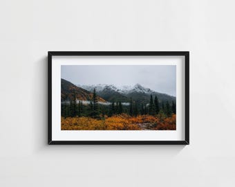 Moody Denali Landscape Wall Art – Misty Mountain Autumn Snow Photography Print