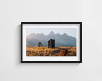 Rustic Outhouse Wall Art – Mormon Row Grand Teton Sunrise Photography Print