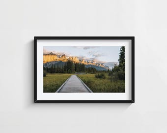 Canmore Sunrise Boardwalk Print, Canadian Rockies Mountain Landscape, Hiking Wall Art