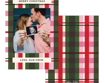 May include: A Christmas card with a red, green, pink, and white plaid pattern. A photo of a couple holding an ultrasound image is in the center of the card. The text "Merry Christmas" is at the top of the card and "Love, Our Crew" is at the bottom.