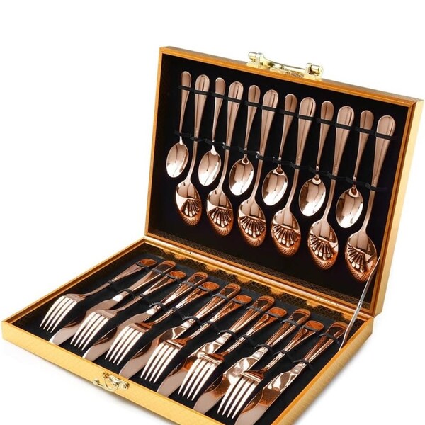 Rose Gold Silverware Set, 24-Piece Rose Gold Forged Stainless Steel Flatware Set