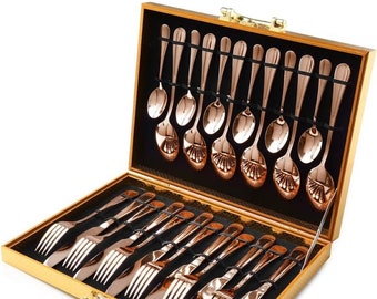 Rose Gold Silverware Set, 24-Piece Rose Gold Forged Stainless Steel Flatware Set