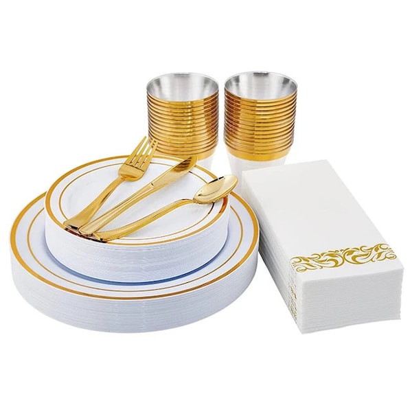 175 Pieces Gold Plastic Dinnerware - Disposable Gold Rim Plates For Service of 25 people,  25 Guest Disposable Gold Dinnerware Set.