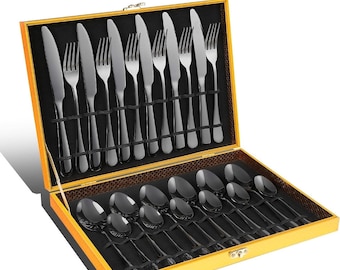 Black Silverware Set, 24-Piece of black Forged Stainless Steel Flatware Set 