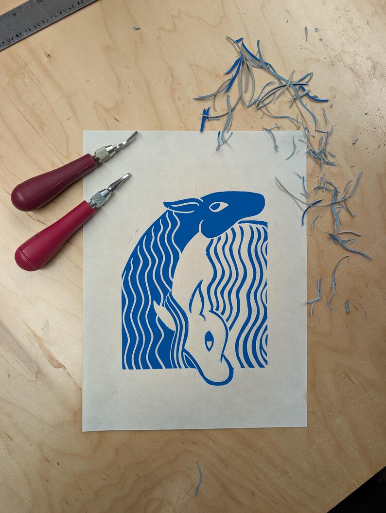 Blue Horses Linocut Print - Etsy