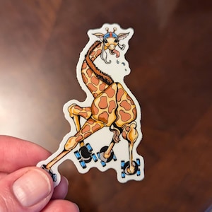 May include: A sticker of a giraffe wearing a helmet and roller skates. The giraffe is brown and yellow with a long neck and legs. The giraffe is in a pose as if it is roller skating. The sticker is on a white background.