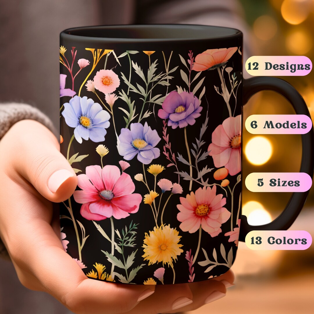 Pressed Flowers Mug, Boho Wildflowers Cottagecore Coffee Mug, Botanical ...