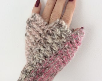 Long fingerless mittens, shades of pink beige/ivory, wool, alpaca and silk.