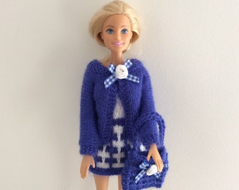 Barbie, robe, gilet et sac ,bleu et blanc