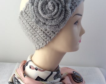 Headband or earmuffs, crochet flower, gray and silver, wool and acrylic.