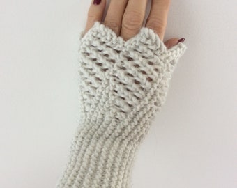 Long fingerless mitten, snowy white and silver threads, wool and acrylic