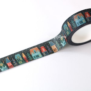Washi-tape in besneeuwde kerststad, groene washi-tape voor kersthuizen, washi-tape in de nacht van kerststad voor vakantiedecoratie