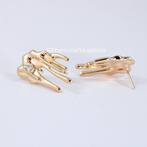 2 pcs lot 24k gold plated brass abstract stud earrings findings, dripping melting metal earring studs with hooks for DIY earring making