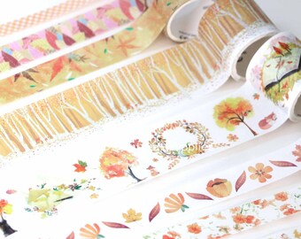 Juego de 10 cintas washi con diseño de bosque otoñal, cintas washi decorativas con diseño de árboles otoñales y hojas de otoño.