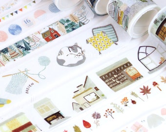 8 pcs stores town building washi tapes, cute cat washi tapes, book store washi tape, leaves washi tape, house and tree washi tape