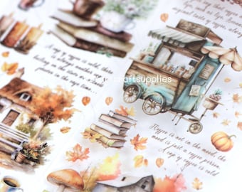 Cinta washi de café otoñal, cinta washi de café con ilustración en acuarela, cinta washi de hojas de árboles otoñales, cinta washi de vagón de café de 50 mm x 2 m