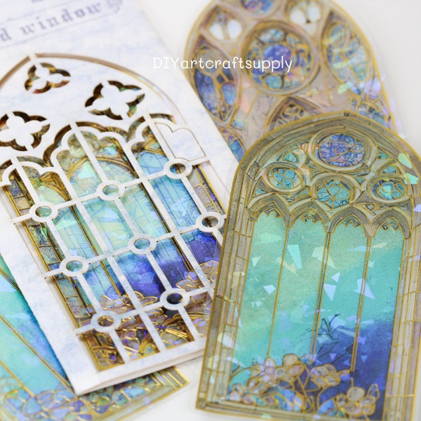 10 pcs glazed church window stickers, gold foil and holographic church window stickers for scrapbook decoration, card making stickers