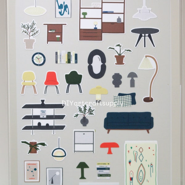 Modern furniture home decor sticker sheet, mid century modern interior design stickers, furniture stickers, home decor stickers