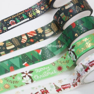 Juego de 10 piezas de cinta washi con patrón de lámina dorada navideña, lindo árbol de Navidad, tren, muñeco de nieve, cinta decorativa con patrón de regalo, 5 m por rollo