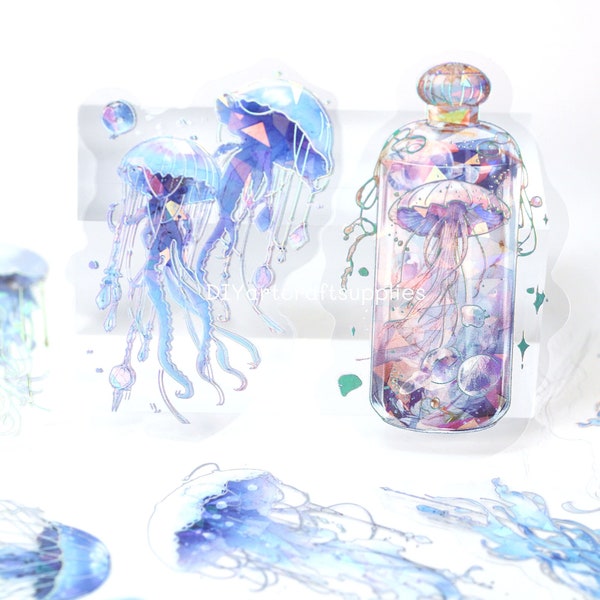 20 pcs blue jellyfish sticker, holographic foil laser jellyfish and shellfish stickers for scrapbooking and decoration, sea theme stickers