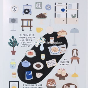 Cafe shop sticker sheet, clock stickers, cute furniture stickers, blue cafe stickers, Kawaii stickers for scrapbooking, sticker art