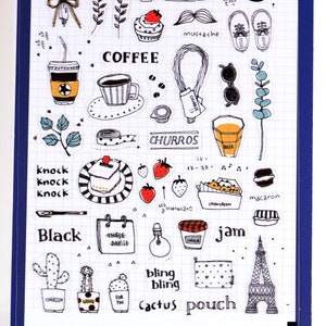 Folha de adesivos de rabiscos de objetos diários, adesivos fofos de papelaria, adesivos kawaii, adesivos de plantas rabiscadas, adesivos de café da manhã