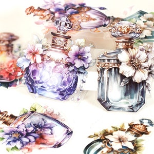 10 stuks aquarel barokke vaasstickers, blauwe parfumflesje bloemstickers, paars mysterieus landhuis edelsteen glazen flesstickers