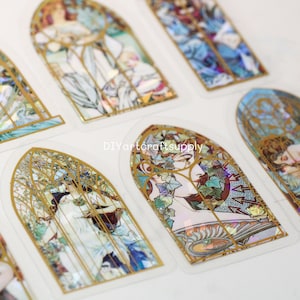 20 stuks veel PET-kunstdecor Mucha kerkraamstickers met holografische en goudfolietextuur, voor scrapbooking en decoratie