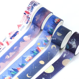 Conjunto de 5 peças de fitas decorativas washi de acampamento e céu noturno, fitas washi de astronauta e planetas para scrapbooking DIY, ilustração infantil