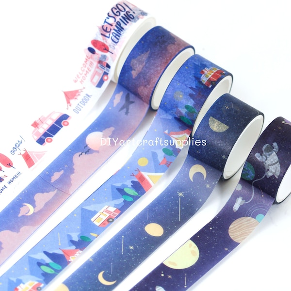 5 pcs set camping and night sky washi decorative tapes, astronaut and planets washi tapes for DIY scrapbooking, children illustration