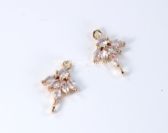 4 pcs lot high quality cubic zirconia 24k gold plated brass flower pendant connector charms for DIY jewelry making, earrings findings