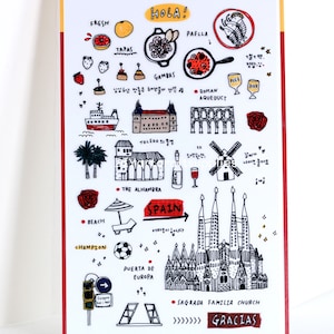 Spanje stickervel reiskrabbel, Spanje eten reisstickers, Europese stad bouwen doodle stickers, dagboek, decoratieve kalenderstickers