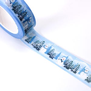 Christmas forest washi tape roll, snowman on Christmas tree forest washi tape, blue Christmas tree silver foil washi tapes for holidays