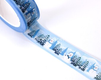 Christmas forest washi tape roll, snowman on Christmas tree forest washi tape, blue Christmas tree silver foil washi tapes for holidays