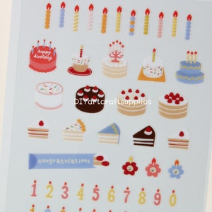 Birthday cake sticker sheet, cute happy birthday party stickers, birthday number candle stickers, Kawaii stickers