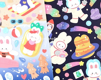 Cute rabbit stickers, rabbit at the beach stickers, rabbit in space stickers, Kawaii stickers, animal stickers