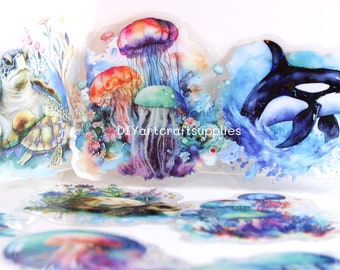 10 pcs rainbow jellyfish sticker, sea turtle stickers, ocean dolphin stickers for scrapbooking and decoration, sea animal theme stickers