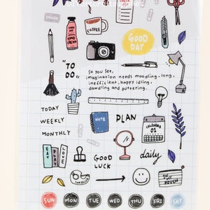 Stickervel dagelijkse voorwerpen doodles, schattige briefpapierstickers, kawaiistickers, kalendernotitiestickers, stickers voor kantoorartikelen