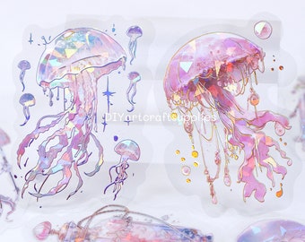 20 pcs holographic pink jellyfish stickers, foil laser ocean jellyfish stickers for scrapbooking and decoration, sea theme stickers