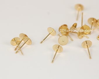 10pcs lot 24k gold plated simple flat circle stud earrings findings for cabochon earrings making
