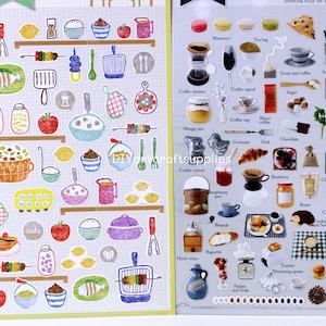 Food sticker sheets, coffee bakery stickers, cafe food stickers, cooking ware stickers, grocery items stickers, Kawaii food stickers