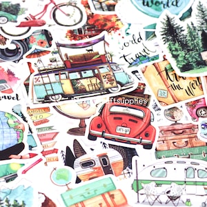 50 pcs PVC travel stickers, vehicle stickers, travel illustration stickers, camping stickers, decorative stickers, travel journal stickers