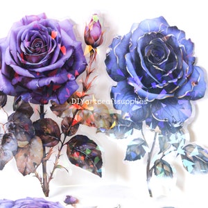 8 Stück holografische Folie blau und lila Rose Aufkleber für Scrapbooking, Kartenherstellung, elegante Vergoldung mystische blaue Rose dekorative Aufkleber
