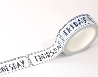 Weekday label washi tape roll, black and white seven day a week washi tape for scrapbooking, diary and journal decoration
