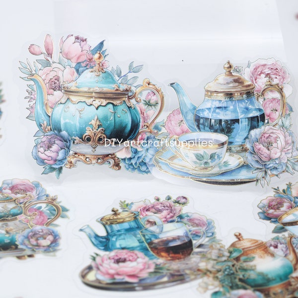 20 pcs water color teapot with flower stickers, decorative scrapbooking stickers, gold foil English tea cups set stickers